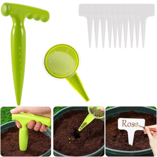 2-delige set - zaaimachineset - mini-zaaimachine - Klein zaaigereedschap – Handmatige zaaimachine - set plantgereedschap - mini-zaaddispenser - met 10 etiketten – fluorescerend groen – voor het nauwkeurig zaaien van zaailingen en bollen in de tuin van Merkloos	