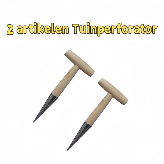 2-delige tuinperforator - Klein boorgereedschap - Houten handvat - Puntige punt - Geschikt voor zaaien, bollen planten en bloemen verplanten - Afbeelding Kleur van Vigorplant
