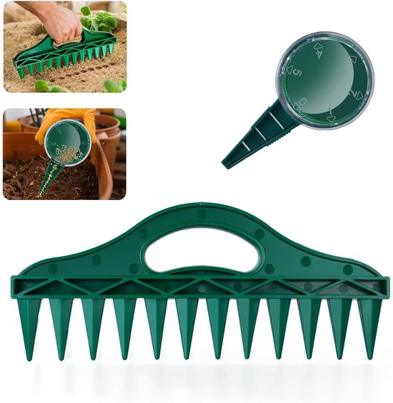 2-delige zaaimachineset - Zaadverdeler - Harkopeningmachine - Zaaimachine - Zaadafstandhouder - Zaaimachine met meerdere gaten - Opkweken van zaailingen - Tuingereedschap - Geschikt voor het planten van gewassen en het zaaien van planten - Groen van Merkloos	