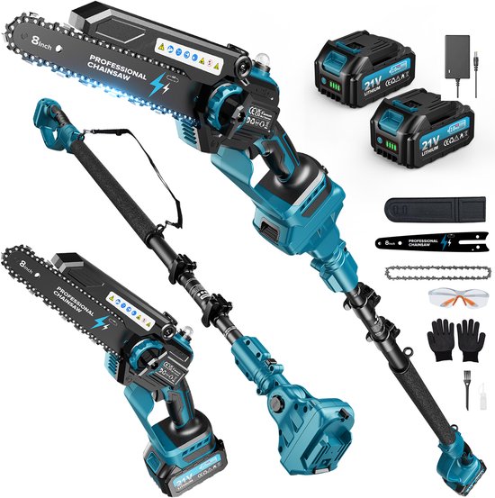 2-In-1 8 Inch Mini Accu Kettingzaag Met Telescoopsteel, Borstelloze Telescoopkettingzaag Van 1200W Met 2 Accu'S, Olietank Van 50 Ml, Werkbereik 4 M
