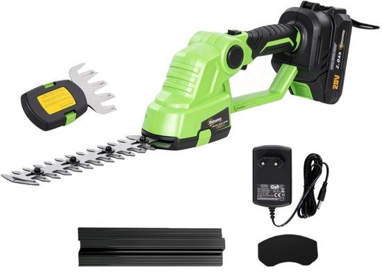 2-in-1 Accu Heggenschaar - Heggen- en Struiktrimmer - Elektrische Grasschaar - met 18V 2.0Ah Accu & Lader - Draadloze Snoeischaar - Heggenknipper - Tuingereedschap voor Struiken, Hagen en Planten - Groen + Zwart van Merkloos	