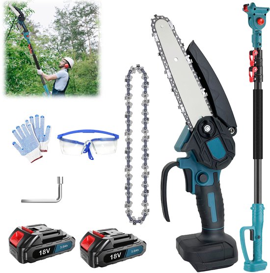 2-in-1 Accu-verlengstokzaag 15 cm & Mini kettingzaag, 20 cm elektrische borstelloze zaag met 2 * 3000 mAh accu's, kettingzaag met verlengstok van Merkloos	
