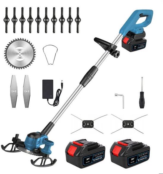 2 In 1 Bosmaaier/ Grastrimmers- 2 x 4Ah Accu's-4 Soorten messen-zijwiel-Gazons- Blauw van Merkloos	
