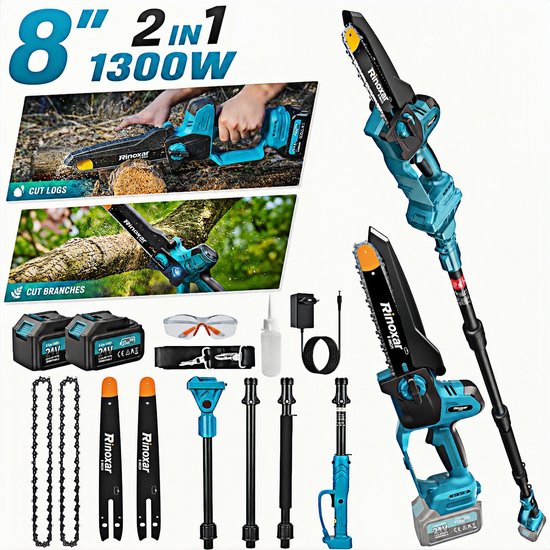 2-in-1 Draadloze Mini Kettingzaag met Telescopische Verlengstok, 1300W Borstelloze Motor, 8 Inch Zaagblad, 2x 21V 4000mAh Accu, Automatische Kettingsmering, 180° Draaibare Kop, Tot 4 m Bereik, Incl. 2 Kettingen