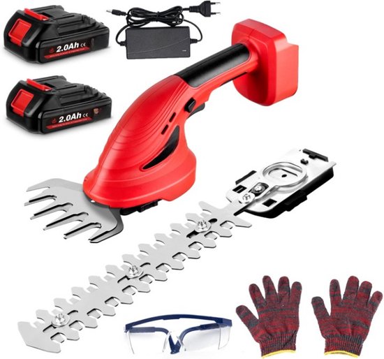 2-in-1 Elektrische Heggenschaar - Grastrimmer - 200 mm Struikschaar - 110mm Graschaar - Buxusschaar - met 2 x 2.0Ah Accu - Oplader - Gloves - Safety Goggles - 2.5 m/s² - 2500RPM - 70 dB - 20V - Rood van VONROC