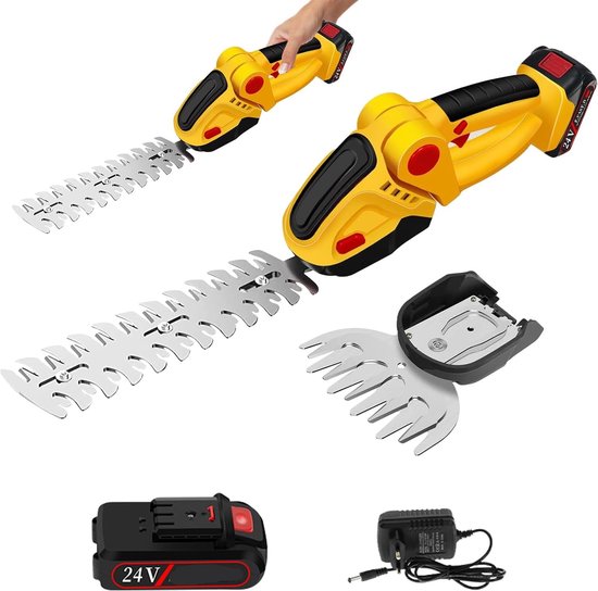 2-in-1 Elektrische Heggenschaar - Struikschaar - Accu Grastrimmer - Buxusschaar - met 3 Opzetstukken - met Accu & Oplader - 24V - Geel