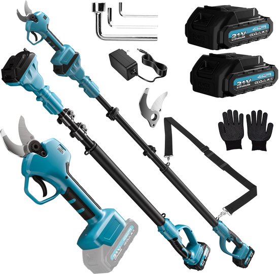 2-in-1 Elektrische Snoeischaar Telescopisch- 40mm Snijdiameter - Takkenschaar - Accu Snoeischaar - 2m Telescoopstang - 600W Borstelloze Motor - 2×3000 mAh Accu's - Werkbereik tot 4 m - voor Tuinen en Boomgaarden