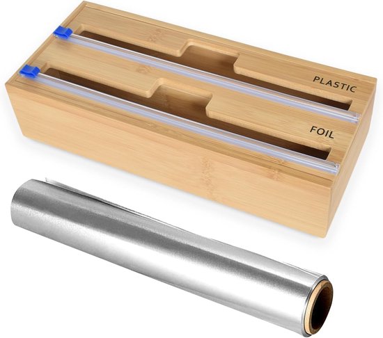 2-in-1 Foil Dispenser met Cutter - Foil Cutter - Cling Film Dispenser - Parchment Paper - Wax Paper Roll - Bamboo Wood - Keukenlade Organizer van Merkloos	