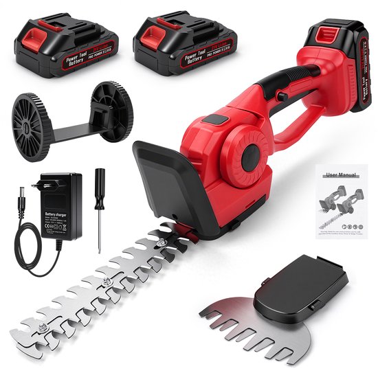 2 in 1 Grasschaar Accu - Draadloze Elektrische Heggenschaar - Inclusief 2 x 1.5Ah Accu - Accu Heggenschaar - 12/20cm Lemmet - 550 W heggenschaar voor tuin, struiken - Incl. buxusschaarmes en grasschaarmes