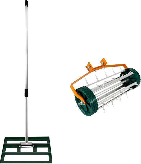 2-in-1 Handmatige Verticuteermachine en Gazonvlakker Set in Groen Gegalvaniseerd Staal en Aluminium met Uitschuifbaar Handvat tot 190 cm, Vlakkingsbasis van 50 cm en Spikes van 3,8 cm