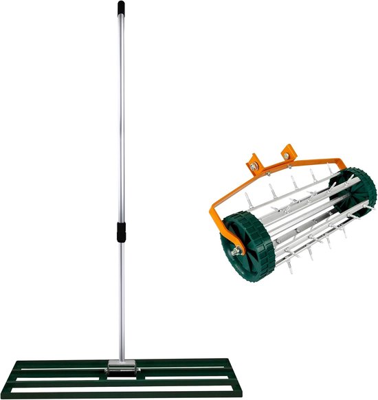 2-in-1 Handmatige Verticuteermachine en Gazonvlakker Set in Groen Gegalvaniseerd Staal en Aluminium met Uitschuifbaar Handvat tot 2m, Vlakkingsbasis van 100 cm en Spikes van 3,8 cm