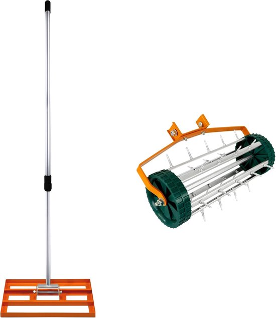 2-in-1 Handmatige Verticuteermachine en Gazonvlakker Set in Oranje Gegalvaniseerd Staal en Aluminium met Uitschuifbaar Handvat tot 190 cm, Vlakkingsbasis van 50 cm en Spikes van 3,8 cm
