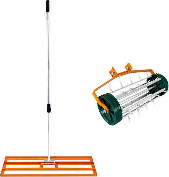 2-in-1 Handmatige Verticuteermachine en Gazonvlakker Set in Oranje Gegalvaniseerd Staal en Aluminium met Uitschuifbaar Handvat tot 2m, Vlakkingsbasis van 100 cm en Spikes van 3,8 cm