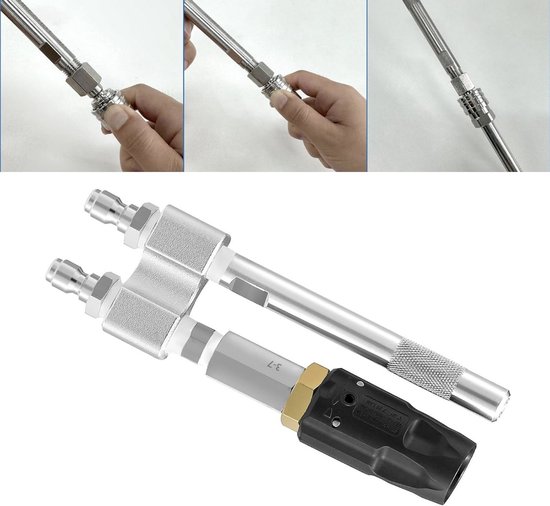 2-in-1 hogedrukreiniger tool versie 1/4 inch, Cleaningshop Injector in versie 1/4 inch. M5 gedraaid sproeimondstuk, lange reikwijdte alsook brede applicatie voor hogedrukreiniger. Ideaal voor softwash - Twist - Dual sprayer - Hogedruk van Twist