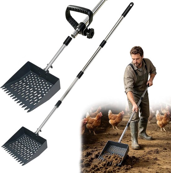 2-in-1 kippenmestschep en hark, telescopische roestvrijstalen steel, multifunctionele kippenhokreiniger voor het reinigen van zand, strooisel en mest.