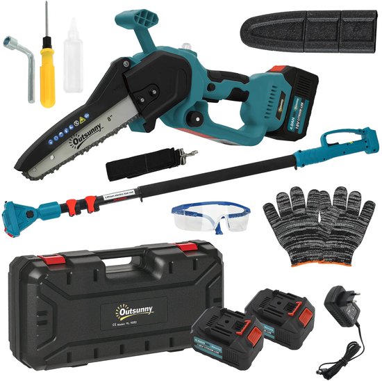 2-in-1 Mini Kettingzaag - 580W - Draadloze Compacte Kettingzaag - Handkettingzaag - Snoeizaag - Takkenzaag - 8000mAh-Accu - Opberg Koffer - Veiligheidsslot - Brushless - Blauw van Merkloos	