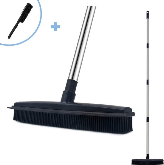 2 in 1 Rubberen bezem – Bezem binnen & buiten – Vloerwisser met steel - Met huisdierhaar verwijderaar - Vloertrekker – Veger - Extra lang 160cm van Kleaner.