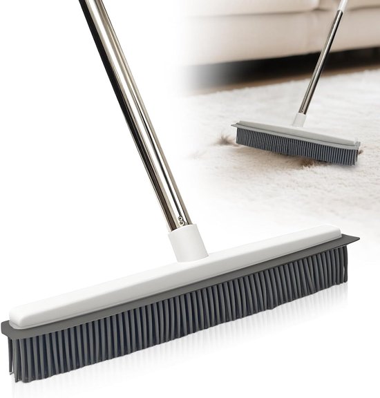2-in-1 rubberen bezem met rubberen haren en waterafstotende strip, ideaal voor het verwijderen van huisdierenhaar, geschikt voor tapijt, houten vloeren en tegels