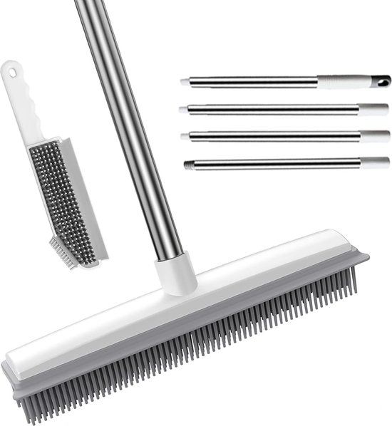 2-in-1 rubberen bezem met steel, 156 cm lange steel, bezem voor het verwijderen van dieren, katten, honden, haren, tapijtborstel, vloerborstel, veegborstel voor binnen en buiten, schrobber met van Vileda