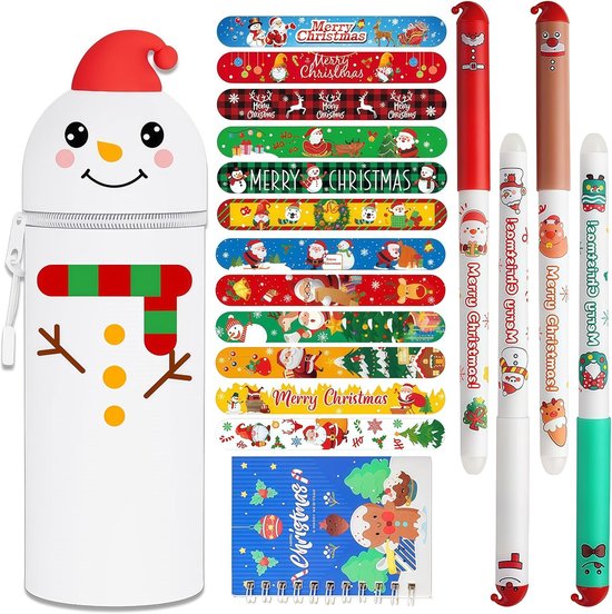 2-in-1 siliconen pennenetui - Kerstmis Kawaii etui sneeuwpop + 12 klapringen + 4 gumpennen + ringband, tafelpennenhouder, pennenetui kleurpotloden, schoolbenodigdheden, meisjes en jongens