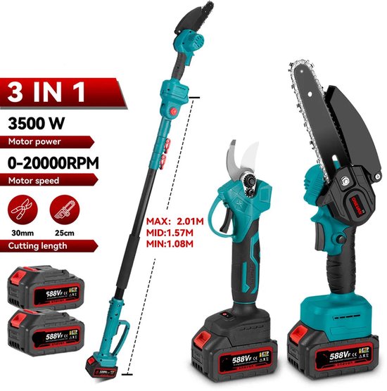2-in-1 Snoeigereedschap - Accu Kettingzaag - Telescopische Zaag - Draadloze - 3500W - Lichtgewicht - Tuingereedschap - 2 Accu van Techwood