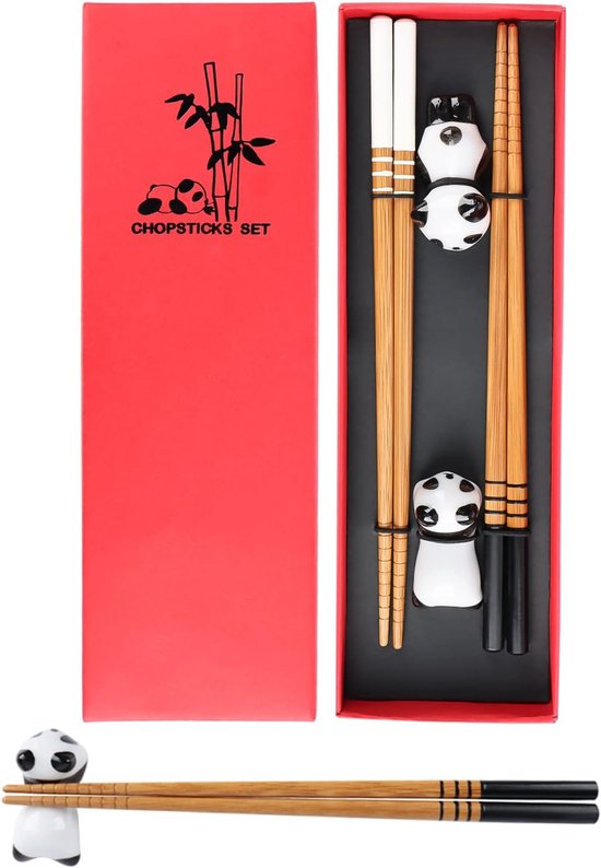 2 paar sushi stokjes set - eetstokjes - Chinese stokjes - cadeauset met panda keramische staafjeshouder - vaatwasmachinebestendig voor Chinese en Japanse gerechten van Merkloos	