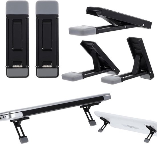 2-pack mini laptopstand en toetsenbordstand, 3 niveaus, in hoogte verstelbaar, inklapbaar en draagbaar, met antislip siliconenbasis voor alle laptops en toetsenborden (zwart)