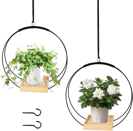 2 Pcs Indoor Hanging Plant Hangers - Zwarte Metalen Hanglampen met Houten Basis - Hangende Planten - Binnenplant Pot - Vetplanten - Luchtplanten - Cactus van Merkloos	