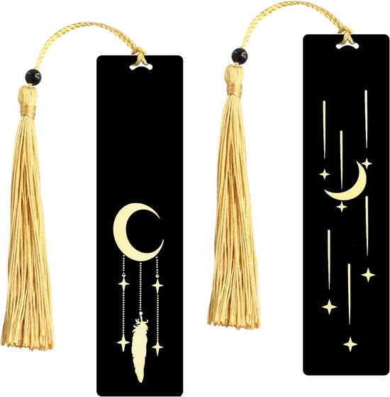 2 Pcs Metal Boekmarkers - 4.7x1.2 Inches Persoonlijke Boekmarkers - Zwart Gouden Maan Veer en Sterren met Tassel - Cadeaus voor Vrouwen Mannen Studenten Leraren (Maan en Sterren) van Merkloos	