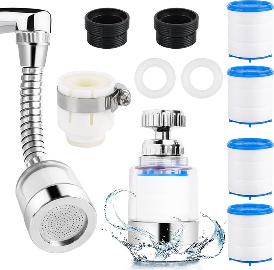 2 Pcs Water Filter for Tap 360° Water Filter Water Filter Faucet with 4pcs Cotton Filter Element Water Tap Extension Water Descaler Attachment for Kitchen, Bathroom (B) van Merkloos	
