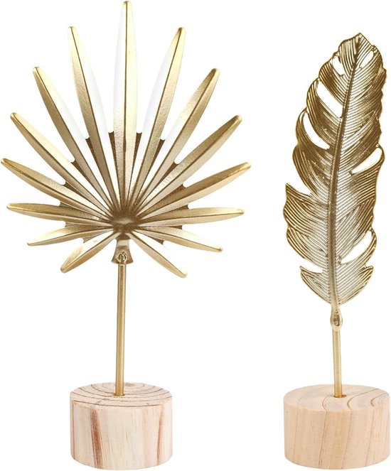 2 Pieces Decoratieve Stand - Bloemdecoratie - Metalen Creatieve Veerstandbeeld - Gouden Moderne Bladschaal - Moderne Sculptuur met Houten Voet - Voor Thuis - Woonkamer - Slaapkamer - Kantoor van Merkloos	