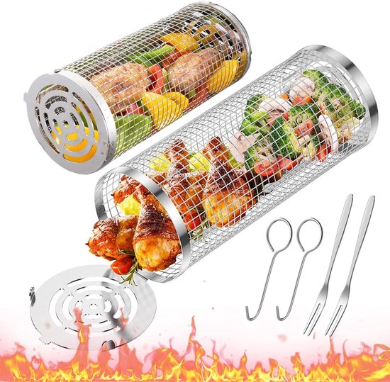 2 Pieces Rotating Grill Basket - Cylinder BBQ Grill - Stainless Steel Outdoor Grill Basket Set met Grill Baskets van Merkloos	