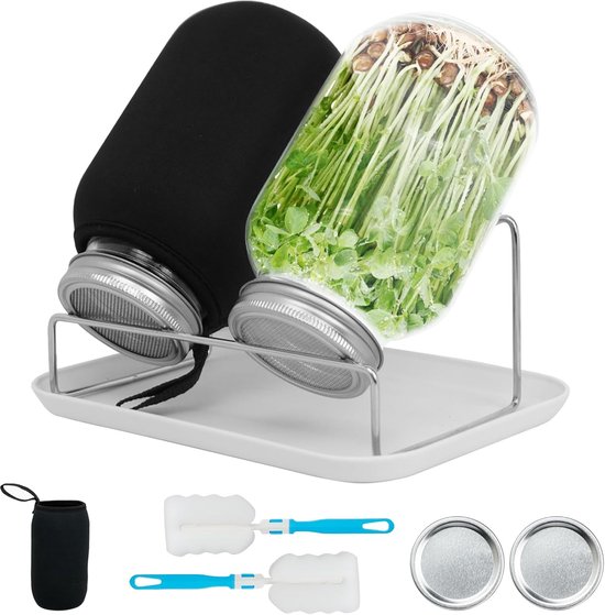 2 Pieces Wide Mouth Germination Glass - 1000ml Germination Glass with Lid Holder - Drip Tray - Brush - Canning Jars for Growing Broccoli - Alfalfa - Mung Beans van Merkloos	