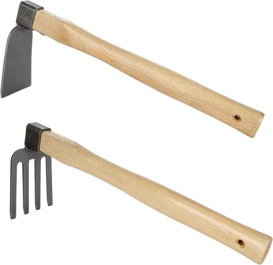 2 stuks (1 stuk tuinschoffel, 1 stuk tuinhark), schoffel, tuingereedschap met houten handvat, tuinschoffel en hark voor het losmaken, graven, wieden, zaailingen verplanten en kweken van Merkloos	