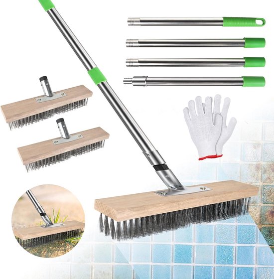 2 stuks 30 cm draadbezem met steel (16 m) stalen bezem onkruidborstel buitenbezem voor het verwijderen van onkruid mos en hardnekkige vlekken van Merkloos	