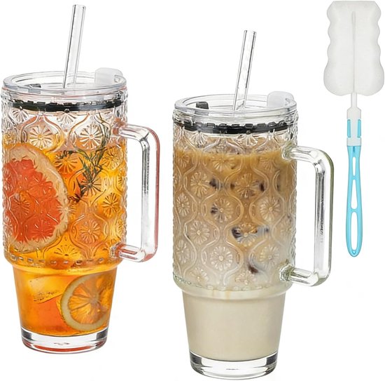 2 stuks 730 ml glazen beker met rietje en deksel - herbruikbare ijskoffie beker met handvat en kopborstel smoothie glas matcha drinkbeker voor ijs koffie sap drinken melk thee cocktail bruiloft