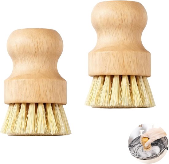 2 stuks afwasborstel voor het reinigen van hout, servies van hout, borstel van bamboe, champignonborstel en groenteborstel voor een eenvoudige grip in de handpalm