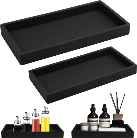 2 Stuks Badkamer Dienblad - 20.2×10cm×1.9cm en 30×12.8×1.9cm Zwart - Siliconen Opbergbak - Rechthoekige Decoratieve Dienbladen voor Badkamer - Decoratie Badkamer Dienblad voor Handdoeken - Cosmetica en Sieraden van Merkloos	