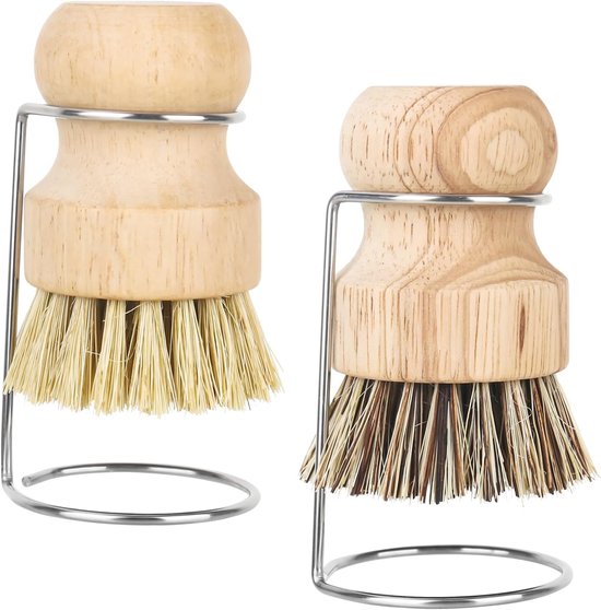 2 stuks bamboe handpalmborstel met 2 opbergschalen, houten borstel, schuurborstel voor potten, pannen, keukenspoelbak, reiniging voor het spoelen van servies, potten, pannen en gootsteen