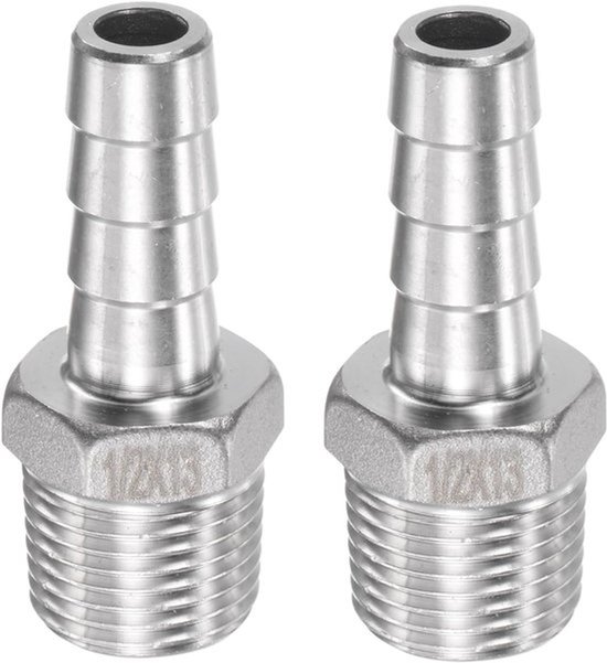 2 stuks Barbed Slangenmontage - RVS Rechte Barbed Draad - Trachea Aansluitingen Adapters - Ideaal voor Transport van Water en Brandstof (Zilver, 13 mm x 1/2PT Mannelijk)