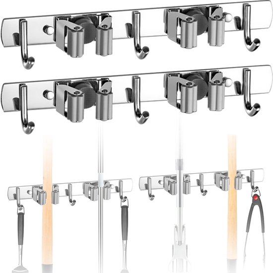 2-stuks bezem- en dweilhouder - Dweilhouder van roestvrij staal - Robuuste bezemhouder van roestvrij staal - 2 planken en 3 haken Dweilhouder - Voor keuken, badkamer, garage en tuin - zilver van Merkloos	