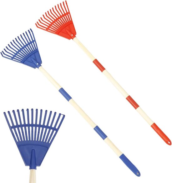 2 stuks bladhark voor kinderen, bladhark met 14 tanden en 67 cm steel van natuurlijk hout, afneembare waaierbezem voor kinderen, stabiele gazonbezem, totale lengte 86 cm (groen-blauw)