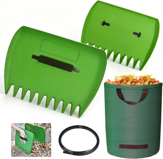 2 stuks bladklauw met 210 L tuintas, Herbruikbare handhark met handschoenen, hark voor bladeren plastic, bladverzamelaar grijpt voor de tuin, verzameling voor bladeren, gras en vuil