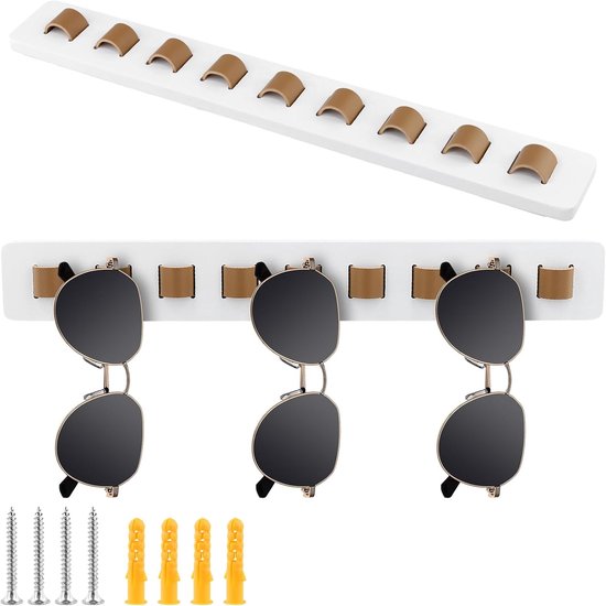 2 stuks brillenopslag voor aan de muur - brillenstandaard - wandhouder - zonnebril organizer - houten wandmontage - wit - 40 x 5,5 x 1 cm van Merkloos	
