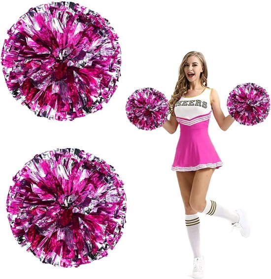 2 stuks Cheerleading pompoms - Metalen cheerleader pompoms - Gekleurde cheerleading pom poms met handvat voor sportwedstrijden en podiumoptredens (Roze-rood, Zilver) van Merkloos	
