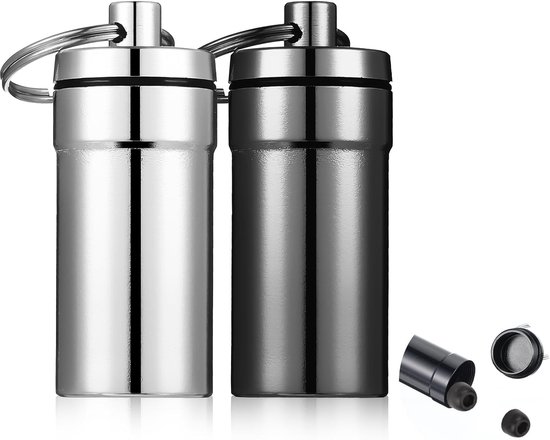 2 stuks draagbare pillendoosjes, sleutelhanger, mini-pillendoos, sleutelhanger, waterdichte aluminium pillendoosset voor reizen, outdoor, wandelen, kamperen en uitgaan (zwart en zilver) van Merkloos	