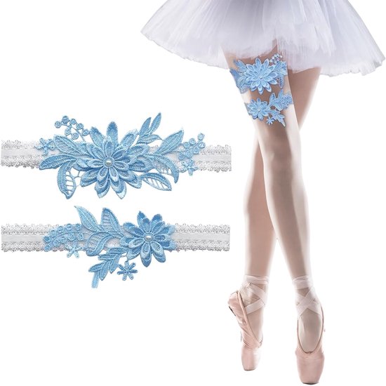 2 Stuks Elastische Bloem Kanten Kousenbanden, Dames Bruiloft Kousenband, Geschikt voor Bruiden, Bruidsmeisjes, Bruiloften, Dagelijkse Decoratie (Blauw) van Merkloos	