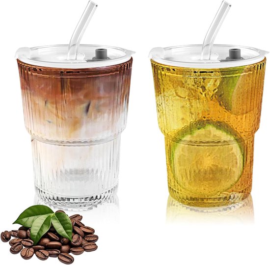 2 Stuks Glazen Bekers van 400 ml met Deksel en Rietje - Ijskoffie Glazen - Matcha Glas - Glazen Smoothie Tumbler - Luchtdicht Waterdicht Ontwerp - Transparant Gestreept Drinkglas - voor Koffie en Thee van Merkloos	