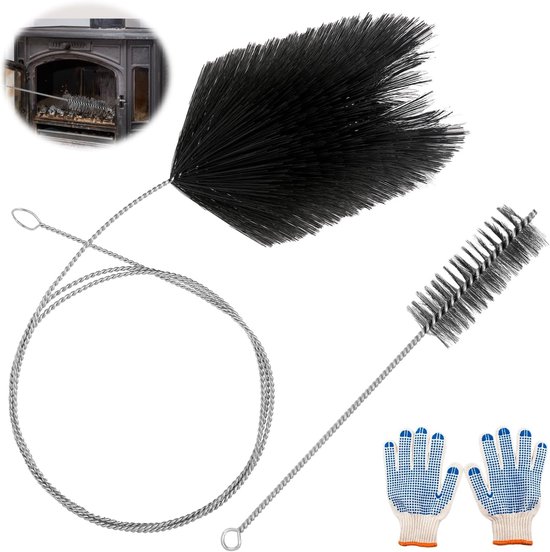 2 stuks, haardborstel, schoorsteenveger, borstel, verwarmingsketelborstel met flexibele stang en handschoenen, schoorsteenbezem voor het reinigen van schoorstenen, ketel (170 mm)