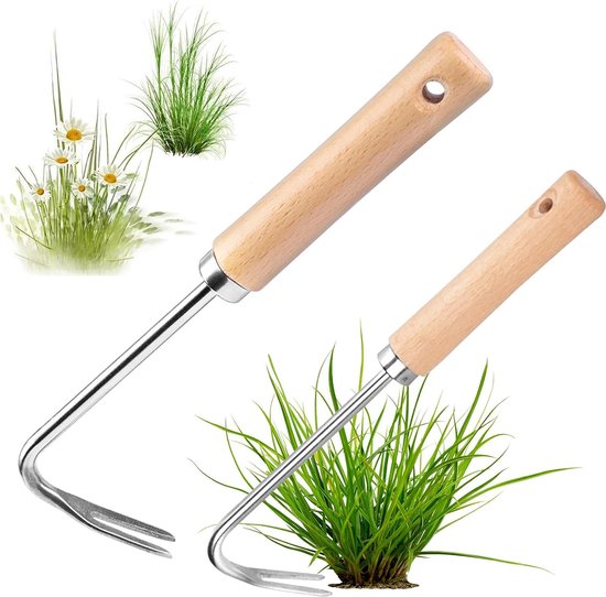 2 stuks handonkruidsteker, tuin, onkruidjader met houten handvat, hand weeder, wortelwieder, tuingereedschap, roestvrij staal, handmatig, voor tuin om te graven, verplanten, wieden van Merkloos	